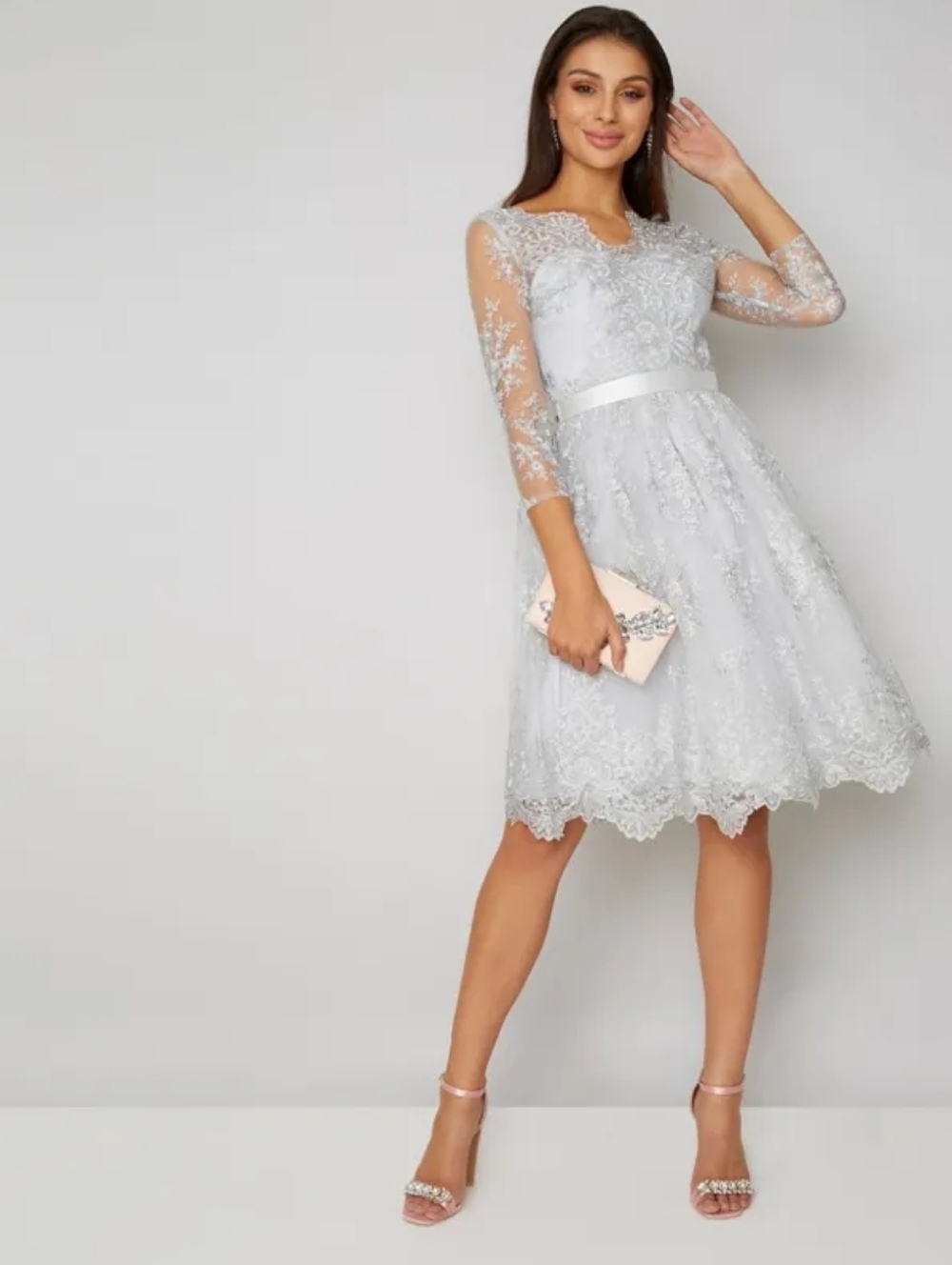 NWT Chi Chi London Silver Lace 3/4 Sleeves Bridal Wedding Formal Midi Dress Sz 8